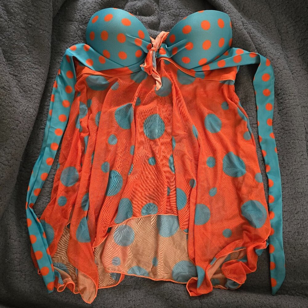 Blue and orange polkadot strapless bikini top